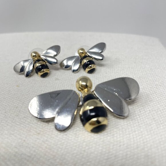 Bumblebee Brooch and Earrings Set Bee Insect Silver-Tone Mixed Metals Novelty - Picture 2 of 8